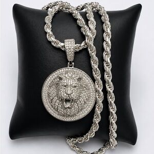 925 Sterling Silver 2.30CT MOISSANITE Lion Pendant Rope Chain Men’s Necklace